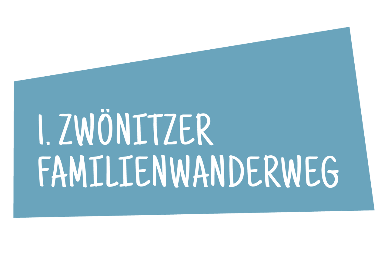 Blue skewed banner reading '1. Zwönitzer Familienwanderweg'
